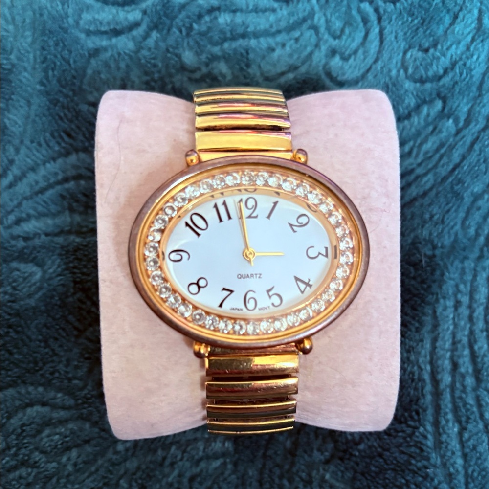 Avon Gold and White Crystal Watch with Stretch Band - Needs New Battery